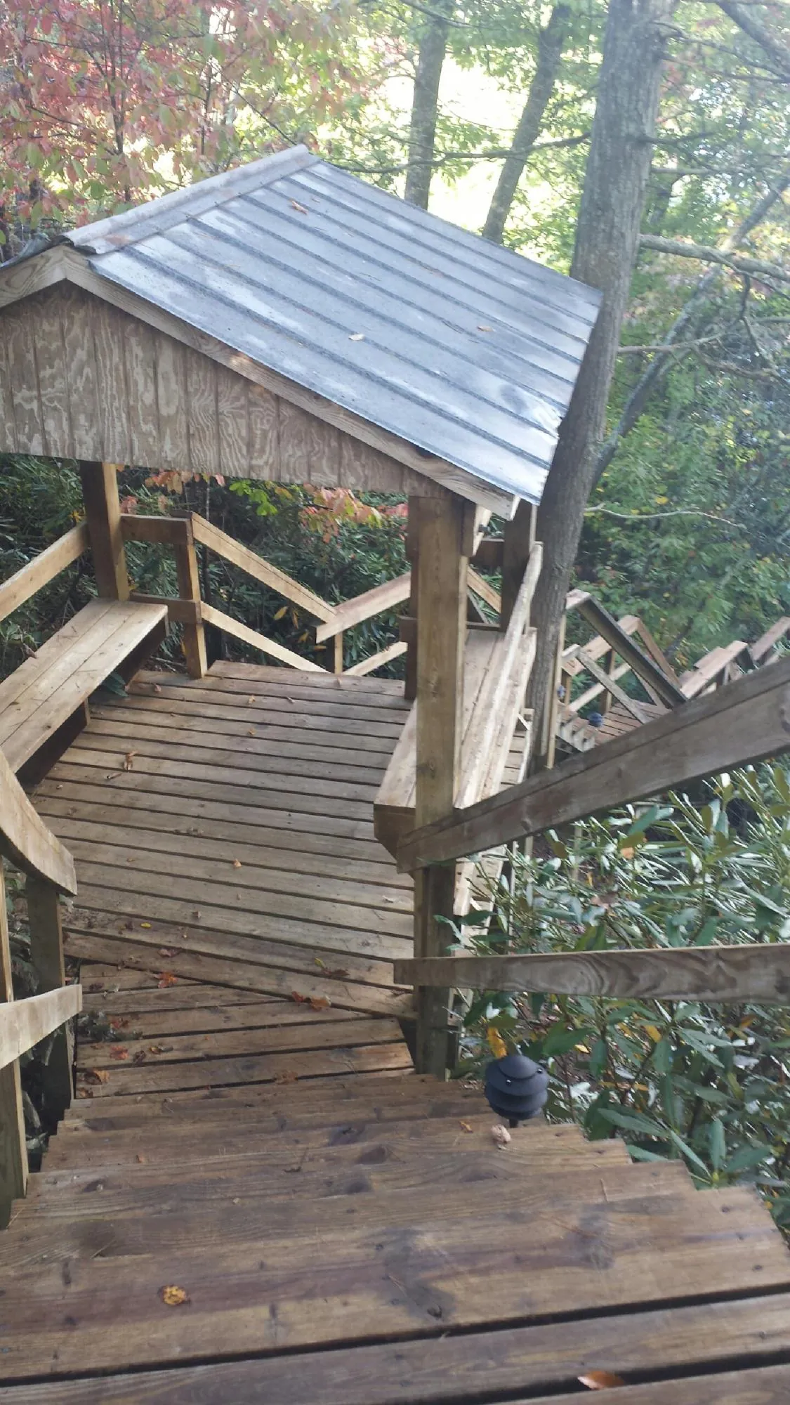 Metal roofed shelter over wooden steps on a wooded walkway — Skylight Repair & Installation work by our crew in Chappell Hill